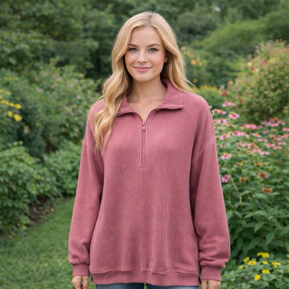 Aerie Oversized Beyond Ribbed Quarter Zip Pullover Sweater Pink Cozy S
